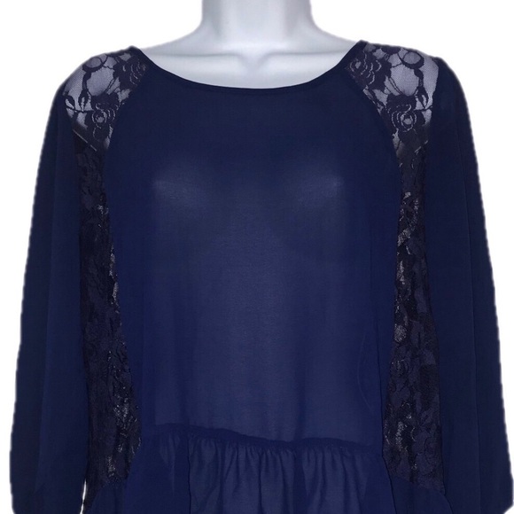 2/$20 Charming Charlie Chiffon & Lace Ruffle Navy Top L - Picture 3 of 5
